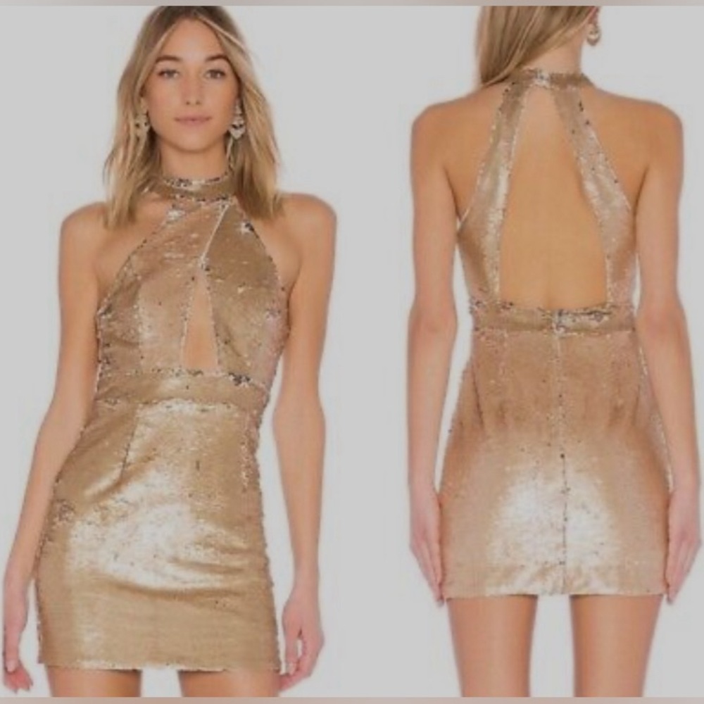Revolve NBD Seraphina Dress In Gold Sequin Mini Dress Size M